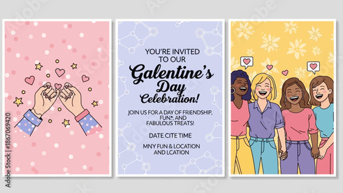 Three vibrant Galentine's Day themed cards featuring pinky promise, an invitation, and a group of diverse happy women celebrating friendship.