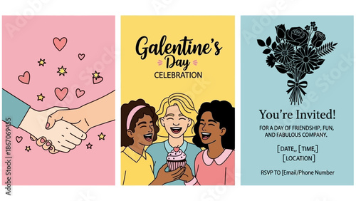 A collection of three vibrant cards celebrating friendship and Galentine's Day, featuring diverse women, shaking hands, and a floral invitation.