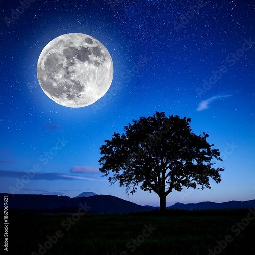 A bright full moon over a silhouetted tree and hills against a deep blue, starry night sky