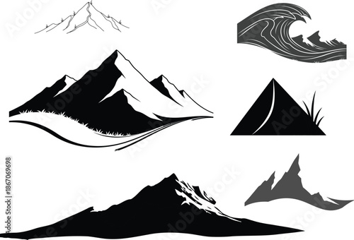 Silhouette of various mountain and wave shapes in black and white