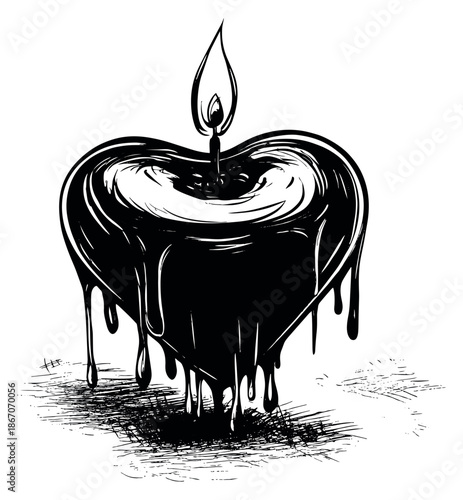 Hand drawn line art illustration of a heart-shaped candle depicting melting wax for a gothic aesthetic