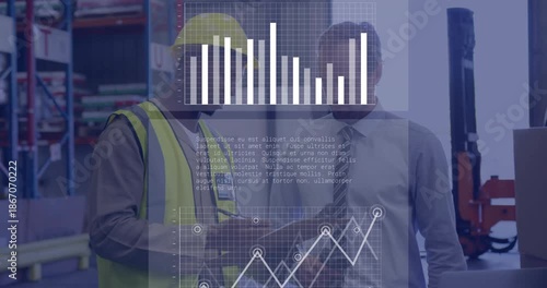 Worker with clipboard pointing at HUD while manager tapping device initiating charts for logistics