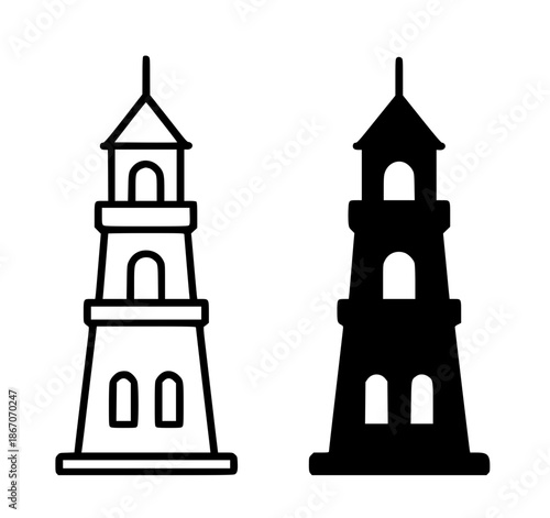 Castle tower illustration icon, black and white, outline and silhouette style