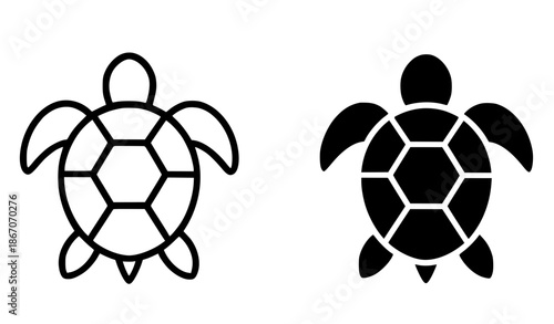 Turtle illustration icon, black and white, outline and silhouette style