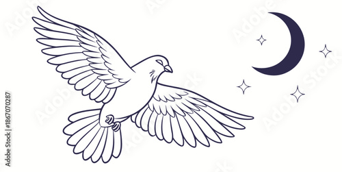 Flying dove with moon and stars