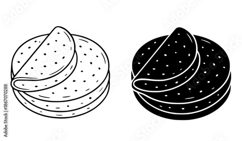 Tortilla illustration, black and white, outline and silhouette style