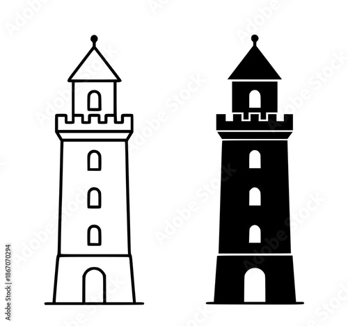Castle tower illustration, black and white, outline and silhouette style