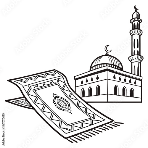 Islamic prayer rug and mosque