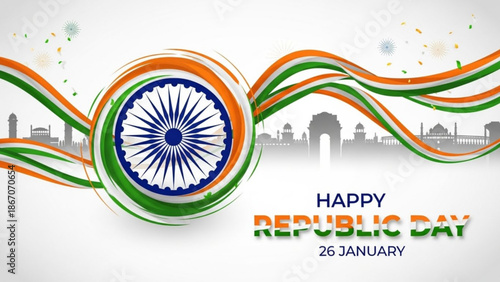 Vibrant indian republic day celebration graphic with ashoka chakra and tricolor ribbons on white background with cityscape with Indian flag and Patriotic