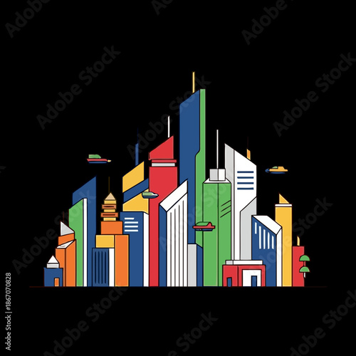 Vibrant cityscape with colorful skyscrapers and flying cars