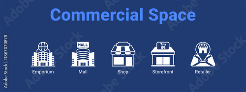 Commercial Space web banner icon vector illustration concept for  with icon of Emporium, Mall.