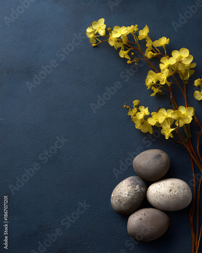 Floral arrangement with stones studio setting still life artistic view