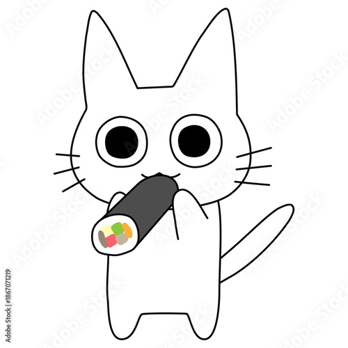 恵方巻を真剣に食べる白猫のイラスト 節分素材