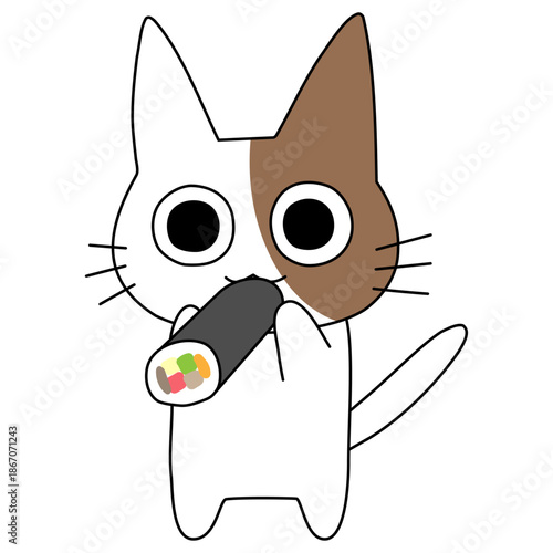 節分の恵方巻を丸かじりする可愛い茶ぶち猫のキャラクターイラスト