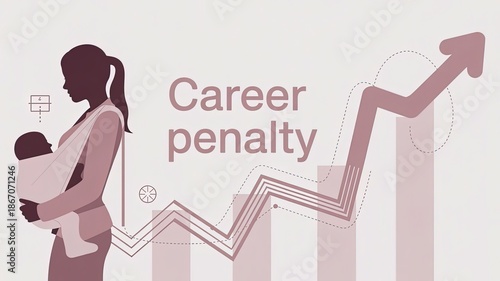 The Career penalty and Woman with Baby: Illustrative depiction of a mother balancing childcare with professional life, symbolized by a woman, baby and graph