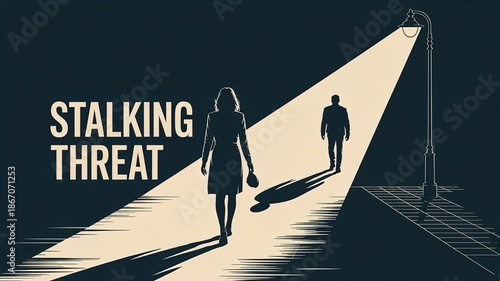 Stalking Threat: Illustration of a Person Being Stalked by Shadow in the Dark. Depicting a scene of potential danger and fear.