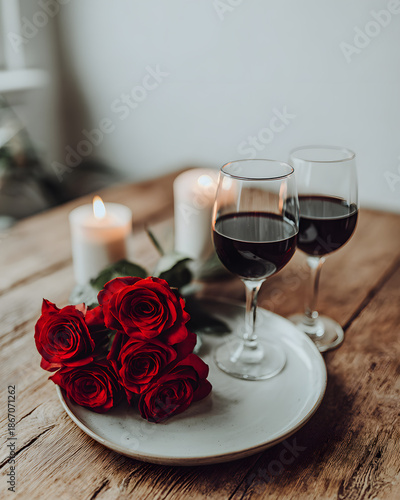 Romantic dinner with red roses and wine cozy home setting elegant mood