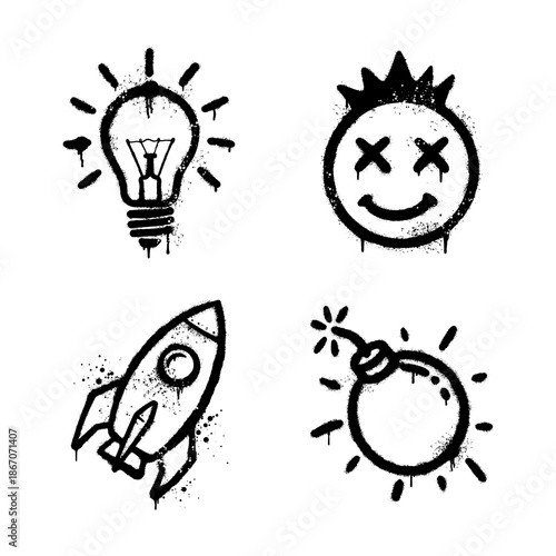 Black urban graffiti spray paint icons with lightbulb rocket and bomb