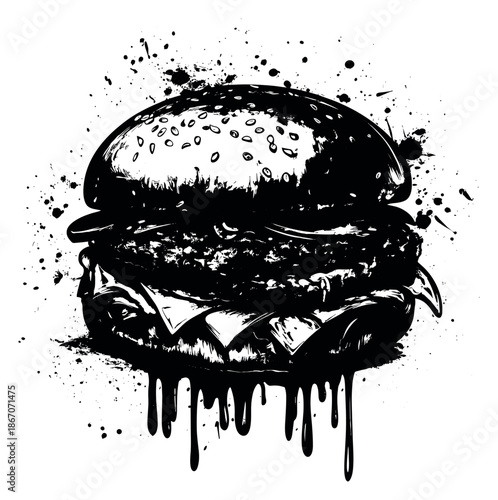 Grungy hand drawn illustration of a hamburger depicting a dripping ink splash for fast food branding