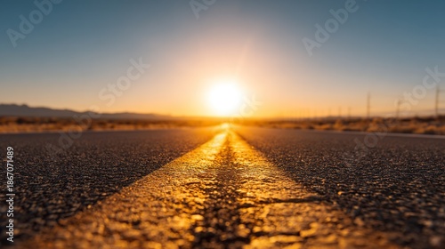 Empty road stretches toward horizon with bright sun setting ahead, symbolizing new beginnings and journey to success through vast uncharted landscapes from eye-level perspective