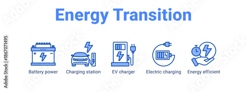Energy Transition web banner icon vector illustration concept for  with icon of Battery power, Charging station, EV charger, Electric.