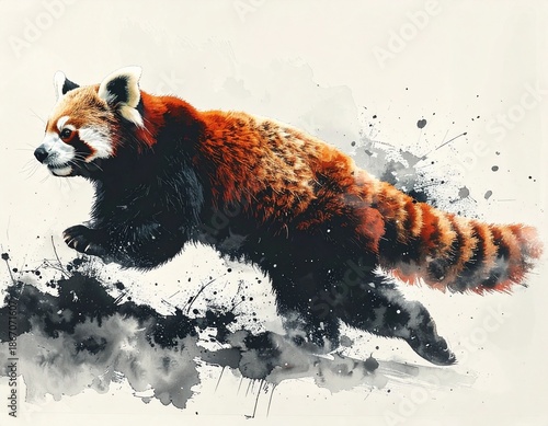 A vibrant ink painting of a red panda drawn with a brush　筆で描いた躍動するレッサーパンダの墨絵