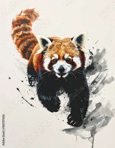 A vibrant ink painting of a red panda drawn with a brush　筆で描いた躍動するレッサーパンダの墨絵