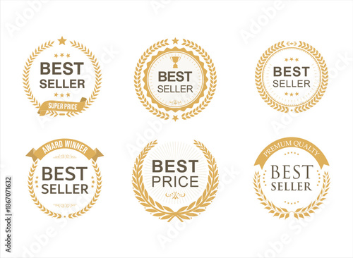 Best Seller, Best Price, Best Brand Set Illustration Realistic Gold badge and laurel Wreath Best seller 