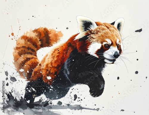 A vibrant ink painting of a red panda drawn with a brush　筆で描いた躍動するレッサーパンダの墨絵