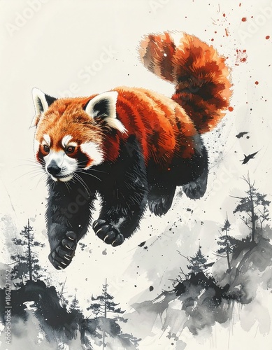 A vibrant ink painting of a red panda drawn with a brush　筆で描いた躍動するレッサーパンダの墨絵