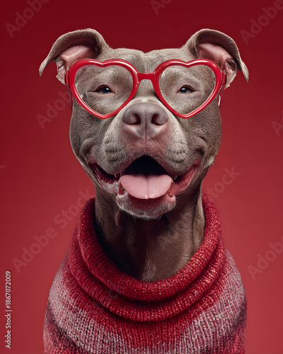 Playful dog in heart glasses studio setting pet photography fun vibe close-up