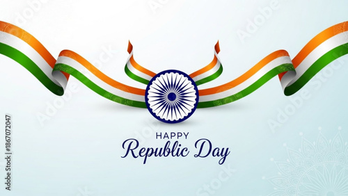Vibrant indian republic day celebration graphic with wavy tricolor ribbon and ashoka chakra symbol on white background with Patriotic theme and National pride