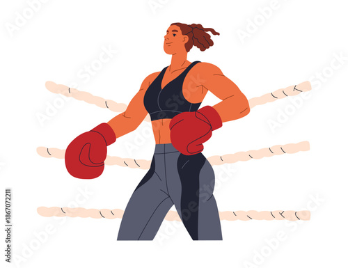 Female boxer, strong woman athlete on ring. Confident athletic girl in boxing gloves standing. Professional box fighter, exercising, training. Flat vector illustration isolated on white background