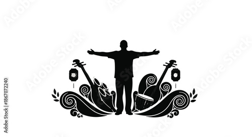 Musician silhouetted with arms outstretched between traditional instruments and decorative elements