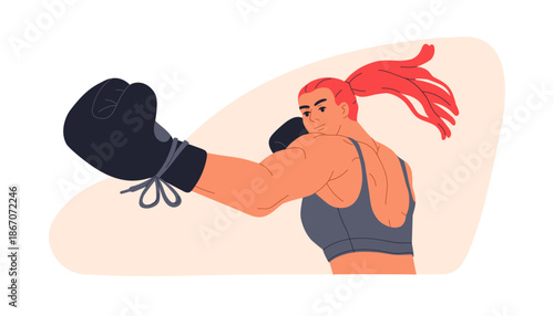 Female boxer in action, throwing punch. Woman athlete, box fighter in dynamic fighting pose in boxing gloves. Athletic girl in combat sport. Flat vector illustration isolated on white background