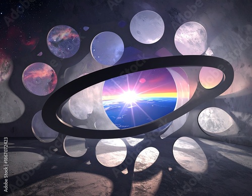 A bright sunscape view through geometric portals against dark space backdrop, casting shadows on the floor