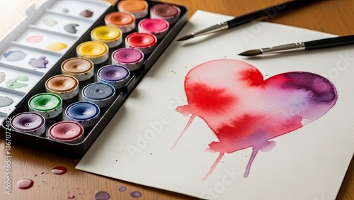Watercolor Heart Painting with Paints.