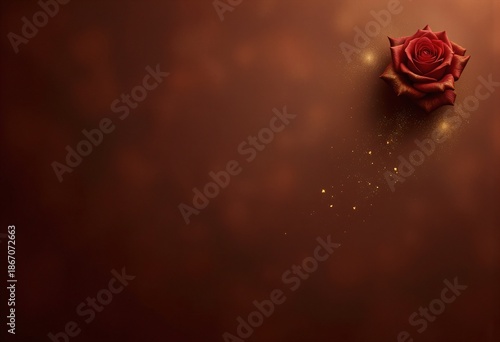 Elegant romantic background with single red rose and golden sparkles