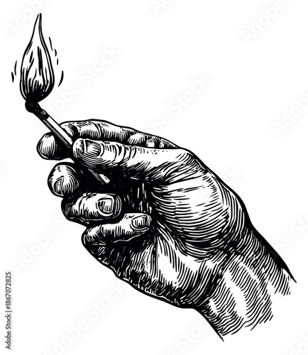 Hand drawn line art illustration of a hand depicting a lit match for concepts of power and ignition