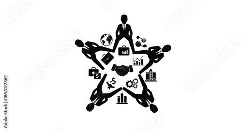 Diverse team forming a star shape, symbolizing collaboration and business success with icons.