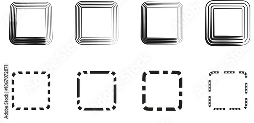 Set of three black grunge rectangular frames with rough hand drawn ink edges isolated on white background for vintage design