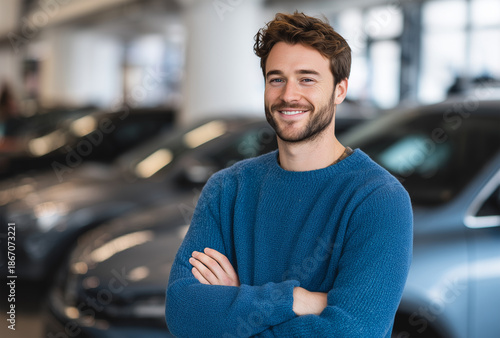 Happy young man standing with arms crossed in a car dealership, smiling at the camera while shopping for a new vehicle in a modern automotive showroom