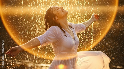 Woman Dancing in Water with Sunlight.
