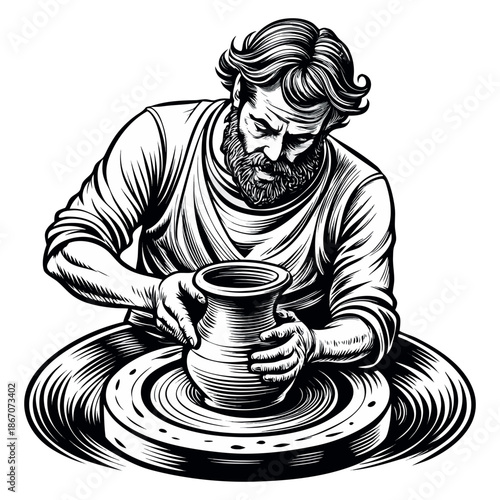 Pottery Artisan Working on Clay Wheel Engraved Vintage Vector