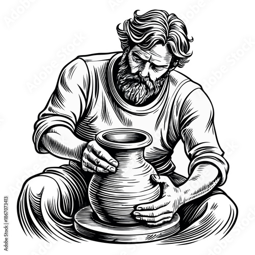Pottery Artisan Working on Clay Wheel Engraved Vintage Vector