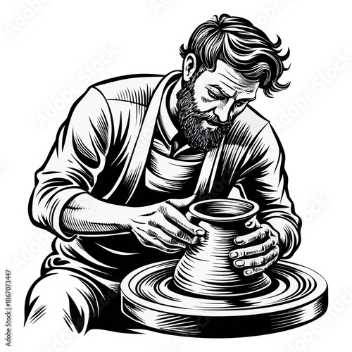 Pottery Artisan Working on Clay Wheel Engraved Vintage Vector