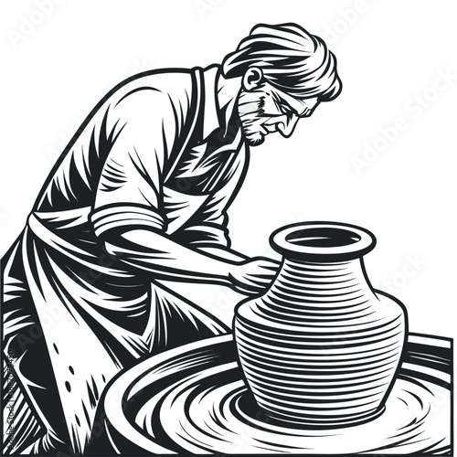 Pottery Artisan Working on Clay Wheel Engraved Vintage Vector