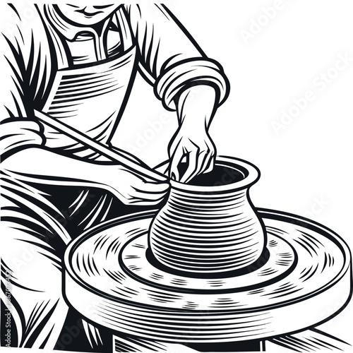 Pottery Artisan Working on Clay Wheel Engraved Vintage Vector