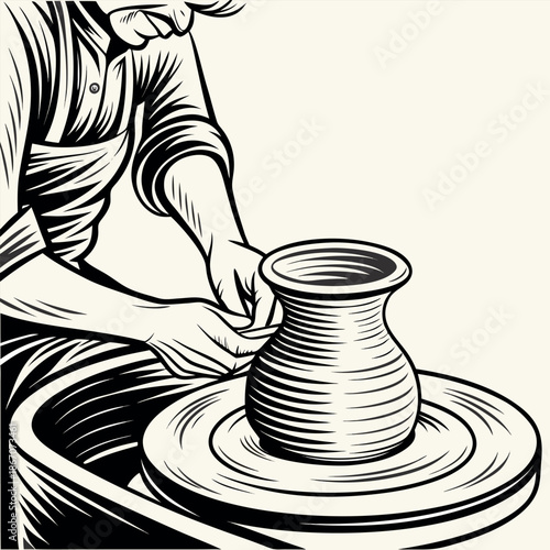 Pottery Artisan Working on Clay Wheel Engraved Vintage Vector
