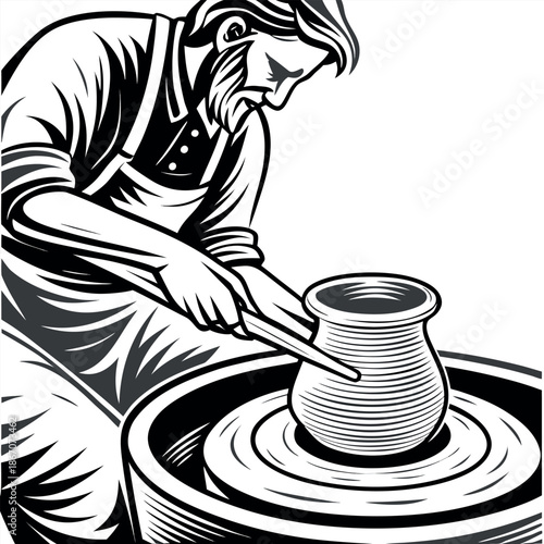 Pottery Artisan Working on Clay Wheel Engraved Vintage Vector